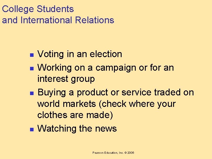 College Students and International Relations n n Voting in an election Working on a