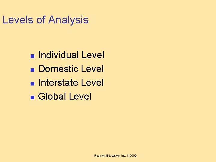 Levels of Analysis n n Individual Level Domestic Level Interstate Level Global Level Pearson