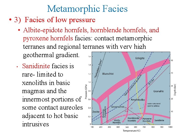 Metamorphic Facies • 3) Facies of low pressure • Albite-epidote hornfels, hornblende hornfels, and