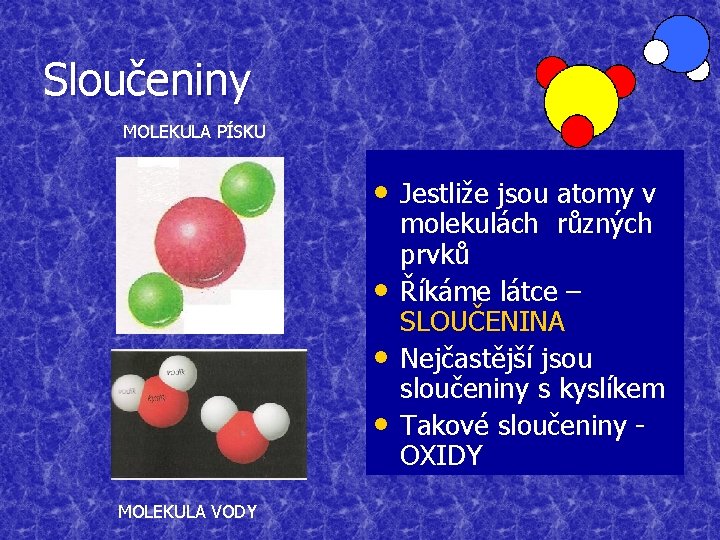 Sloučeniny MOLEKULA PÍSKU • Jestliže jsou atomy v • • • MOLEKULA VODY molekulách