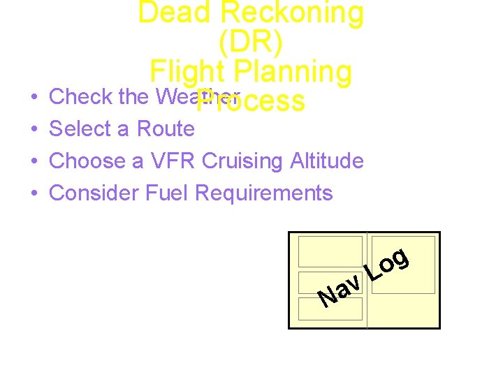  • • • Dead Reckoning (DR) Flight Planning Check the Weather Process Select