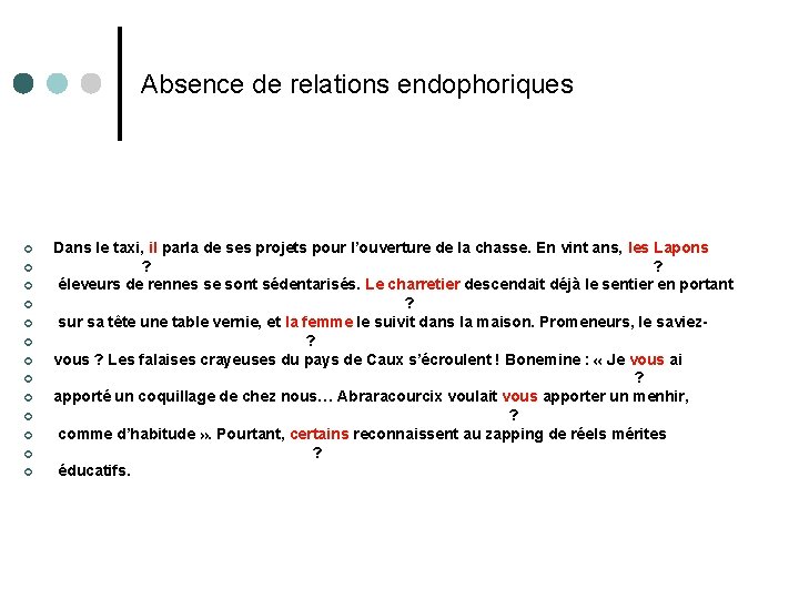 Absence de relations endophoriques ¢ ¢ ¢ ¢ Dans le taxi, il parla de