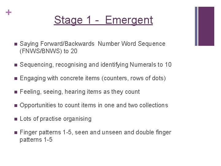 + Stage 1 - Emergent n Saying Forward/Backwards Number Word Sequence (FNWS/BNWS) to 20
