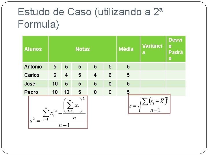 Estudo de Caso (utilizando a 2ª Formula) Alunos Notas Média Antônio 5 5 5