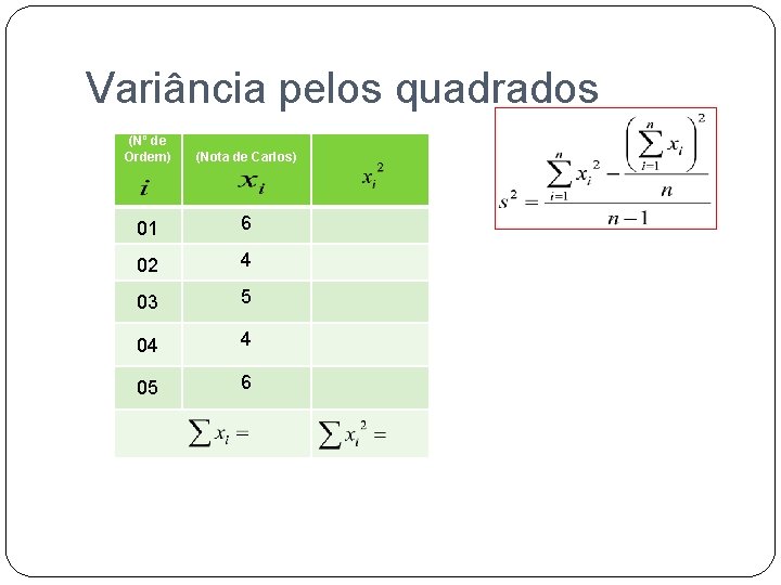 Variância pelos quadrados (Nº de Ordem) (Nota de Carlos) 01 6 02 4 03