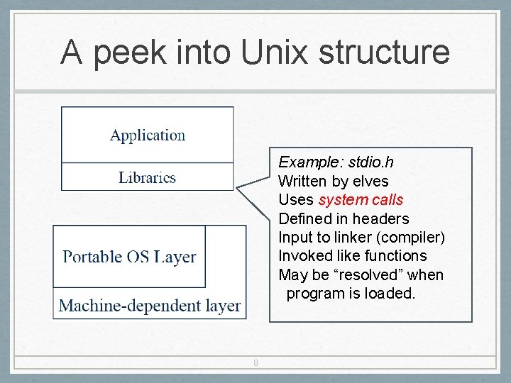 A peek into Unix structure Example: stdio. h Written by elves Uses system calls