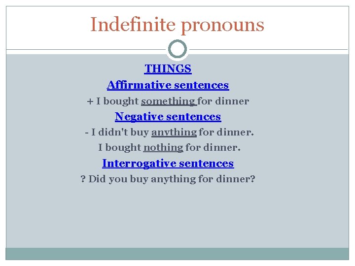 Indefinite pronouns THINGS Affirmative sentences + I bought something for dinner Negative sentences -