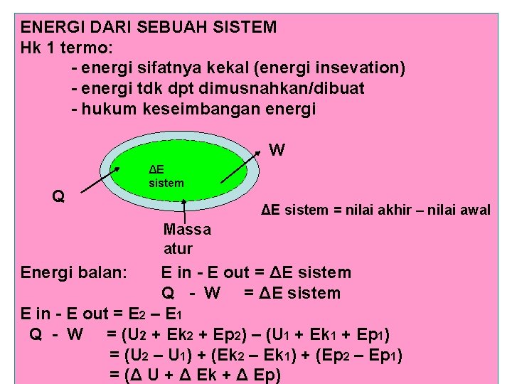 ENERGI DARI SEBUAH SISTEM Hk 1 termo: - energi sifatnya kekal (energi insevation) -