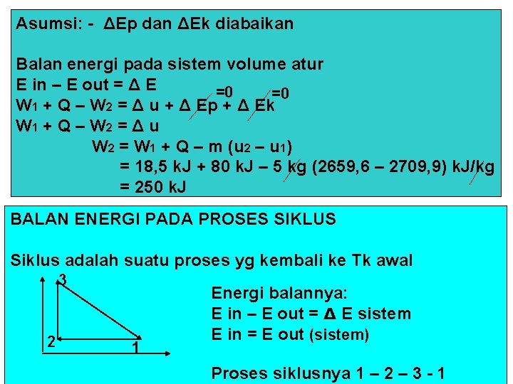 Asumsi: - ΔEp dan ΔEk diabaikan Balan energi pada sistem volume atur E in