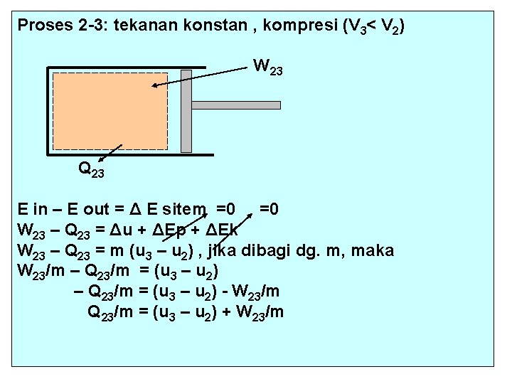 Proses 2 -3: tekanan konstan , kompresi (V 3< V 2) W 23 Q