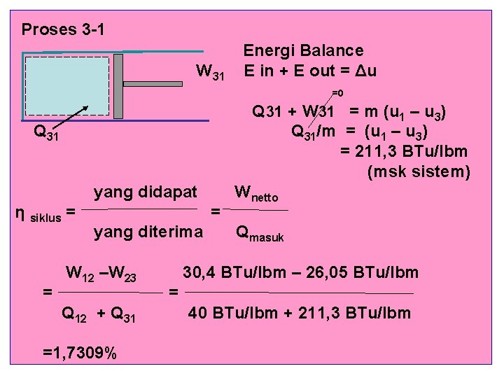 Proses 3 -1 W 31 Energi Balance E in + E out = Δu