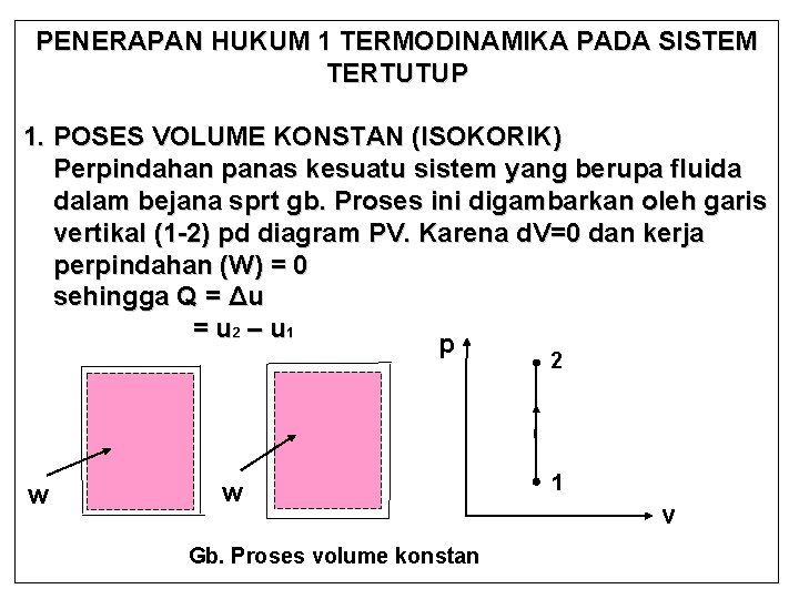 PENERAPAN HUKUM 1 TERMODINAMIKA PADA SISTEM TERTUTUP 1. POSES VOLUME KONSTAN (ISOKORIK) Perpindahan panas