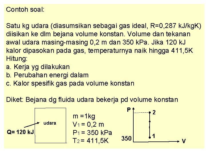 Contoh soal: Satu kg udara (diasumsikan sebagai gas ideal, R=0, 287 k. J/kg. K)