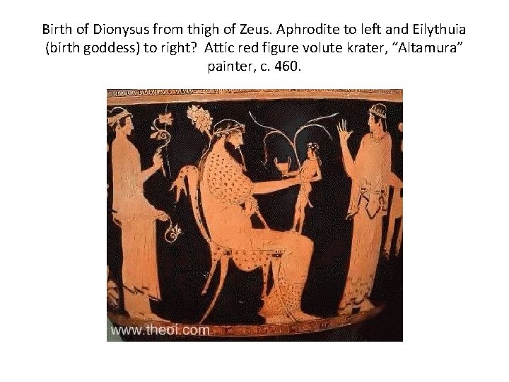 Birth of Dionysus from thigh of Zeus. Aphrodite to left and Eilythuia (birth goddess)