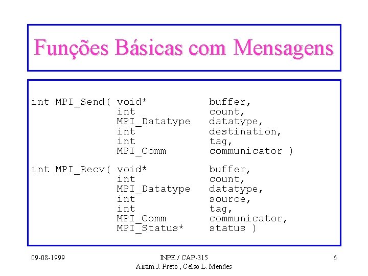 Funções Básicas com Mensagens int MPI_Send( void* int MPI_Datatype int MPI_Comm buffer, count, datatype,