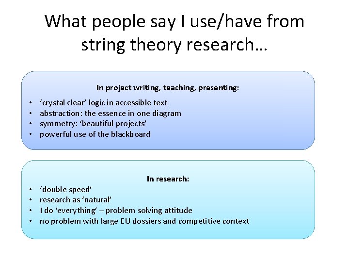 What people say I use/have from string theory research… In project writing, teaching, presenting: