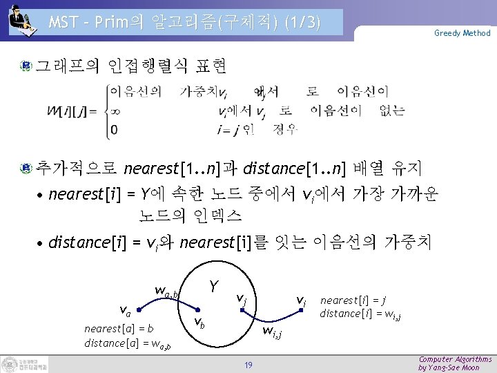 MST – Prim의 알고리즘(구체적) (1/3) Greedy Method 그래프의 인접행렬식 표현 추가적으로 nearest[1. . n]과