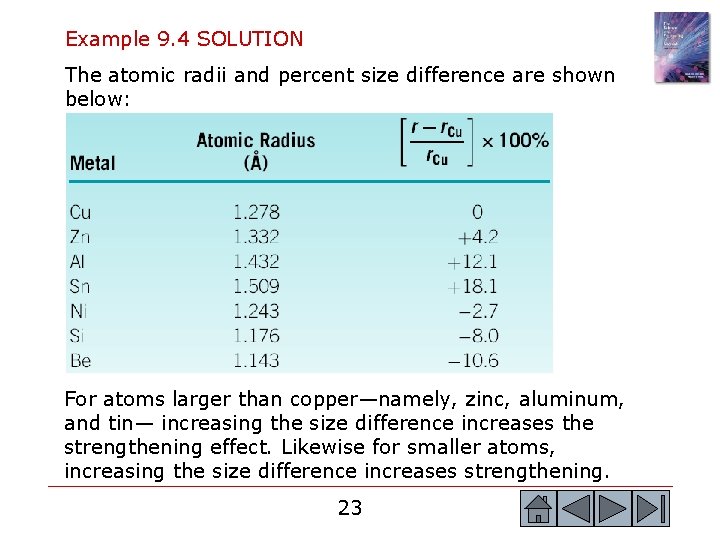 Example 9. 4 SOLUTION The atomic radii and percent size difference are shown below:
