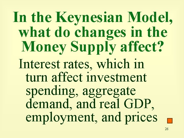 In the Keynesian Model, what do changes in the Money Supply affect? Interest rates,