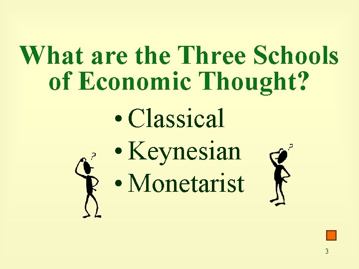 What are the Three Schools of Economic Thought? • Classical • Keynesian • Monetarist