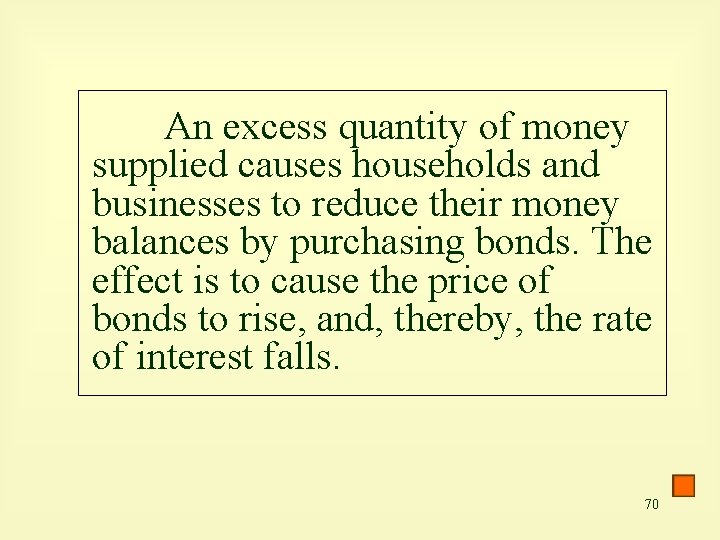 An excess quantity of money supplied causes households and businesses to reduce their money