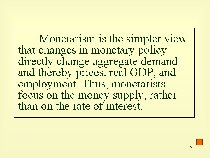 Monetarism is the simpler view that changes in monetary policy directly change aggregate demand