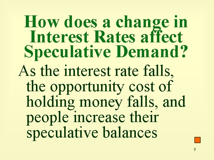 How does a change in Interest Rates affect Speculative Demand? As the interest rate