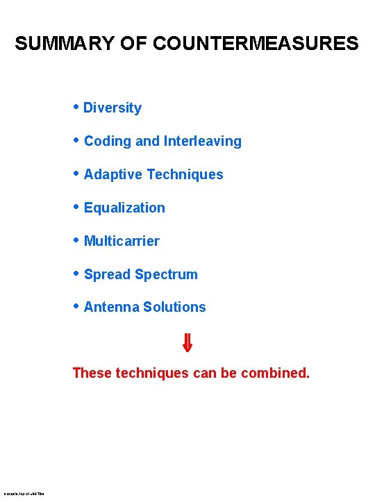 SUMMARY OF COUNTERMEASURES • Diversity • Coding and Interleaving • Adaptive Techniques • Equalization