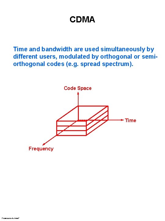 CDMA Time and bandwidth are used simultaneously by different users, modulated by orthogonal or