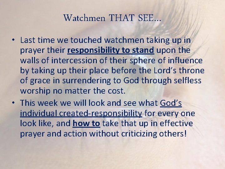 Watchmen THAT SEE… • Last time we touched watchmen taking up in prayer their