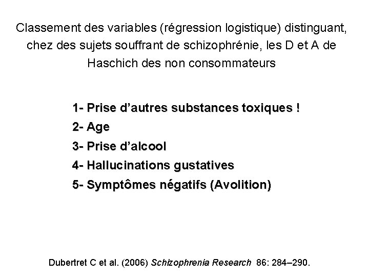 Classement des variables (régression logistique) distinguant, chez des sujets souffrant de schizophrénie, les D