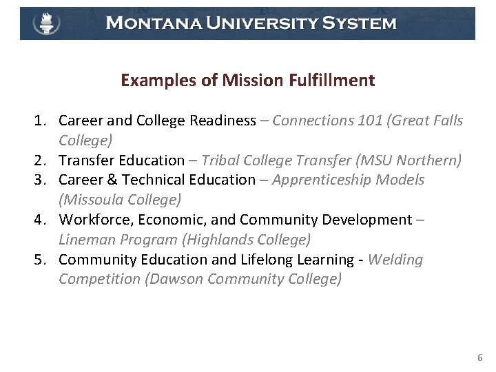 Examples of Mission Fulfillment 1. Career and College Readiness – Connections 101 (Great Falls