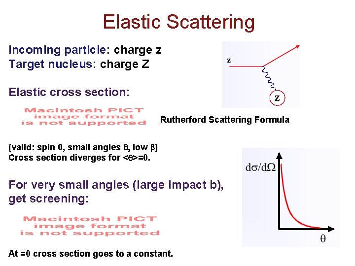 Elastic Scattering Incoming particle: charge z Target nucleus: charge Z Elastic cross section: Rutherford Elastic Scattering Incoming particle: charge z Target nucleus: charge Z Elastic cross section: Rutherford