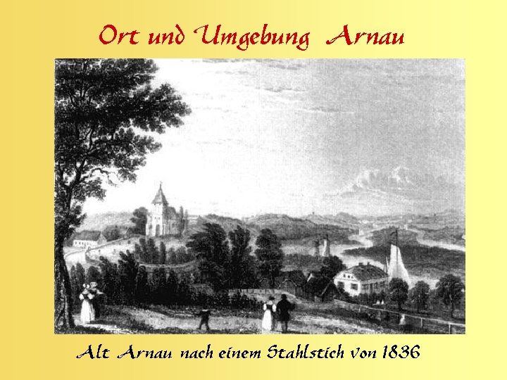 Ort und Umgebung Arnau Alt Arnau nach einem Stahlstich von 1836 
