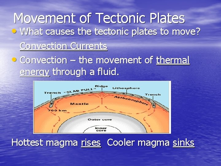 Movement of Tectonic Plates • What causes the tectonic plates to move? Convection Currents
