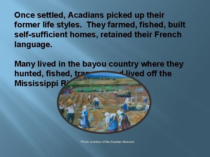 Once settled, Acadians picked up their former life styles. They farmed, fished, built self-sufficient