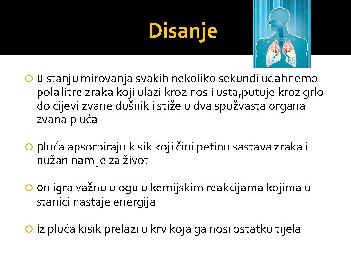 Disanje u stanju mirovanja svakih nekoliko sekundi udahnemo pola litre zraka koji ulazi kroz