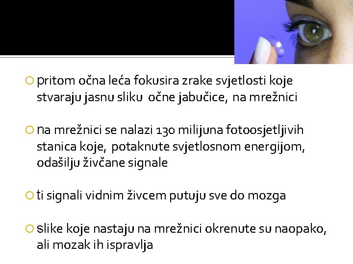  pritom očna leća fokusira zrake svjetlosti koje stvaraju jasnu sliku očne jabučice, na