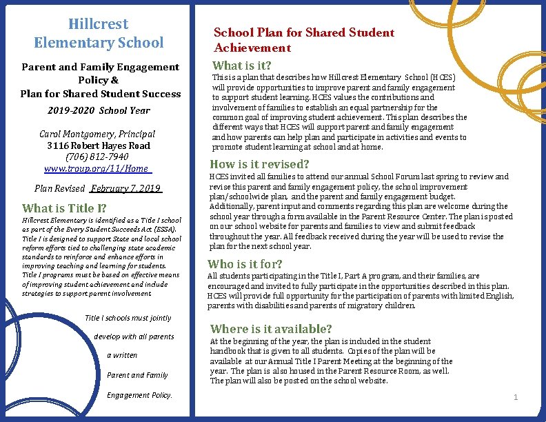 Hillcrest Elementary School Parent and Family Engagement Policy & Plan for Shared Student Success