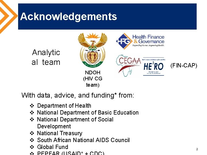 Acknowledgements Analytic al team (FIN-CAP) NDOH (HIV CG team) With data, advice, and funding*