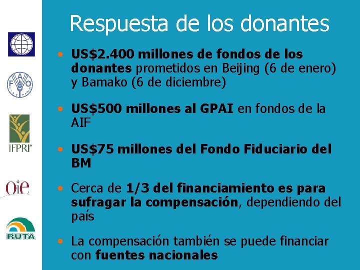 Respuesta de los donantes • US$2. 400 millones de fondos de los donantes prometidos