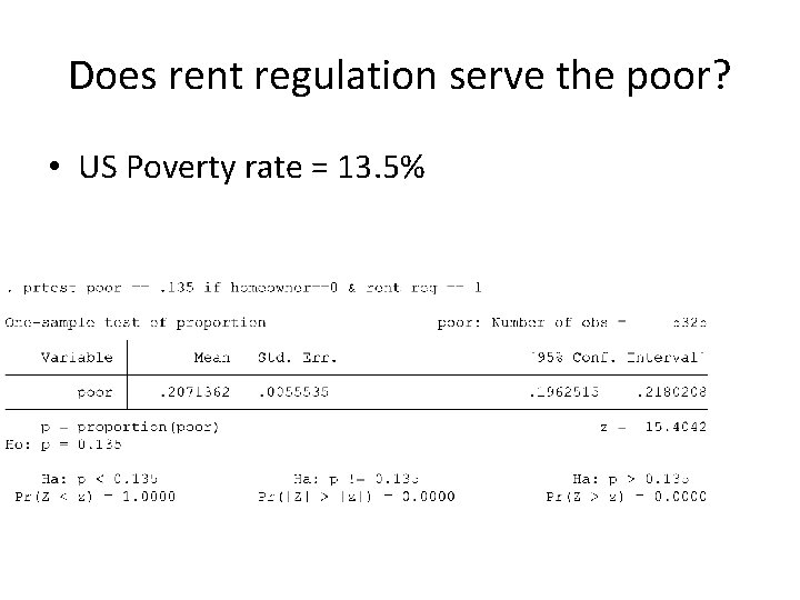 Does rent regulation serve the poor? • US Poverty rate = 13. 5% 