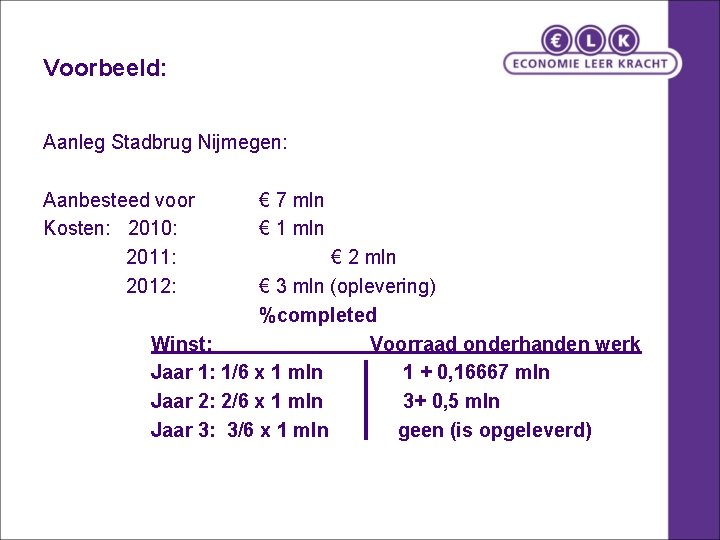 Voorbeeld: Aanleg Stadbrug Nijmegen: Aanbesteed voor Kosten: 2010: 2011: 2012: € 7 mln €
