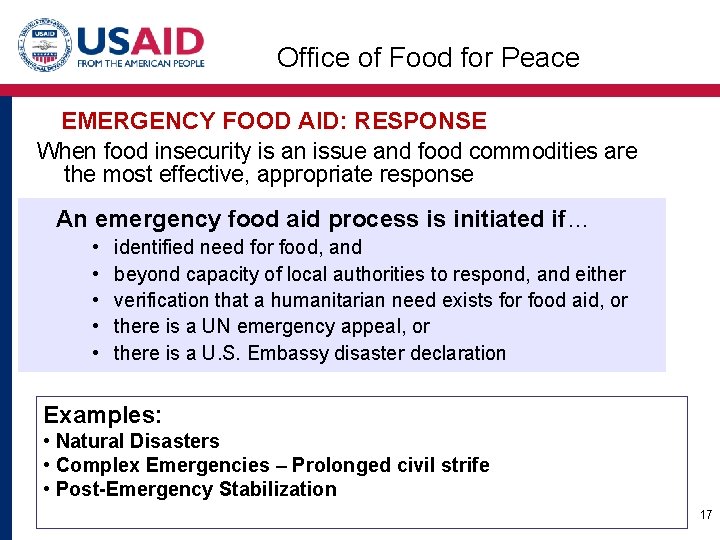 Office of Food for Peace EMERGENCY FOOD AID: RESPONSE When food insecurity is an
