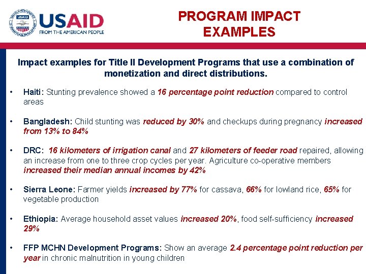 PROGRAM IMPACT EXAMPLES Impact examples for Title II Development Programs that use a combination