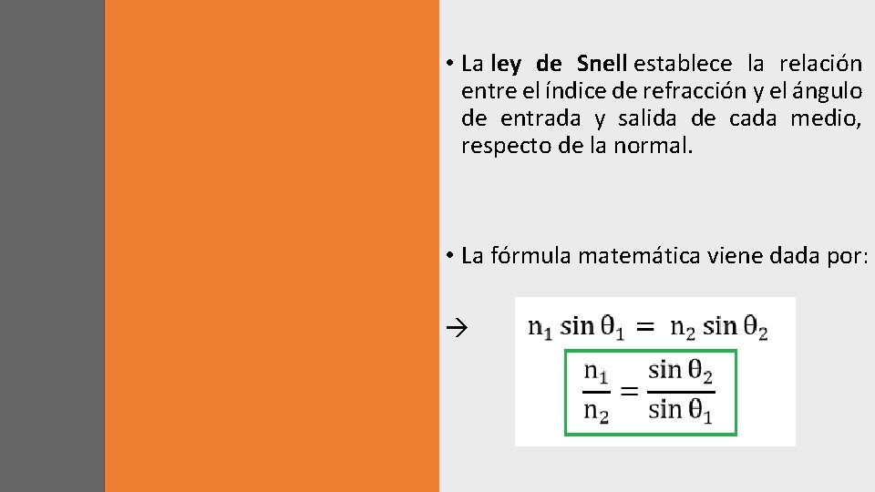  • La ley de Snell establece la relación entre el índice de refracción