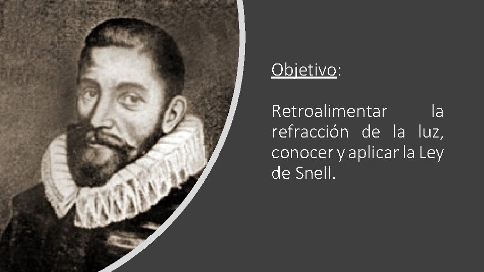 Objetivo: Retroalimentar la refracción de la luz, conocer y aplicar la Ley de Snell. Objetivo: Retroalimentar la refracción de la luz, conocer y aplicar la Ley de Snell.