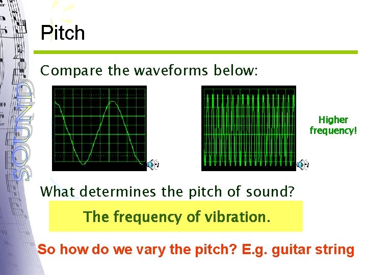 Pitch Compare the waveforms below: Higher frequency! What determines the pitch of sound? The