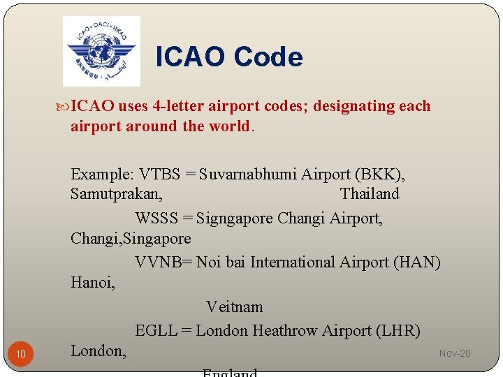 ICAO Code ICAO uses 4 -letter airport codes; designating each 10 airport around the