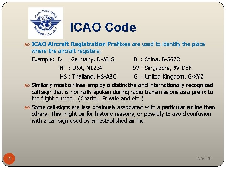 ICAO Code ICAO Aircraft Registration Prefixes are used to identify the place where the